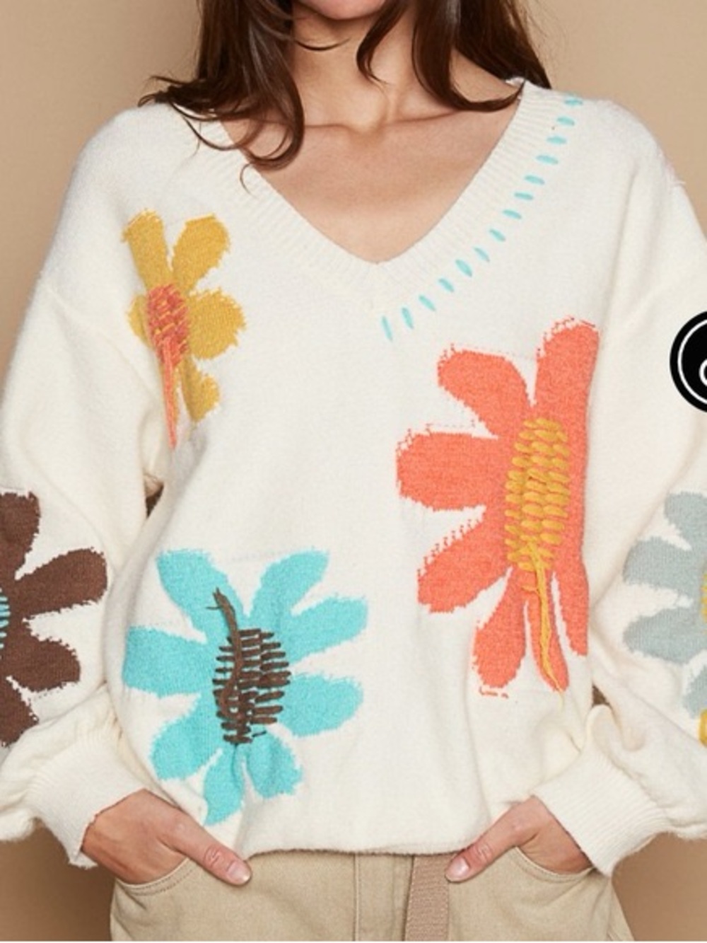 POL Cream V-Neck Sweater with Bright Floral Motif
